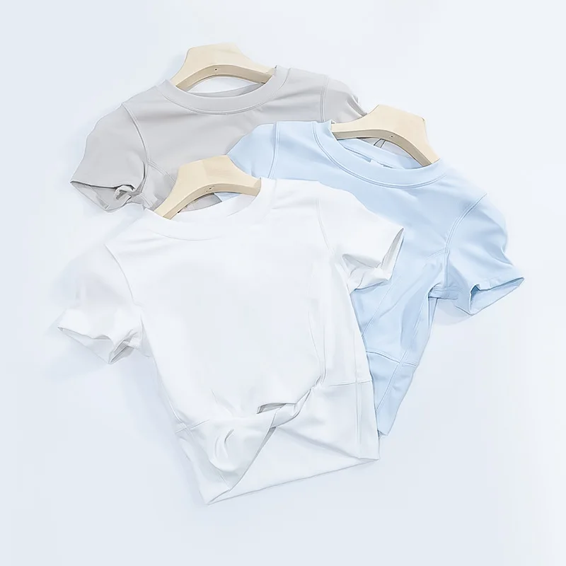 

Женский спортивный дышащий быстросохнущий хлопковый укороченный топ для занятий йогой в тренажерном зале, впитывающий пот, с короткими рукавами и узлом для тренажерного зала и йоги