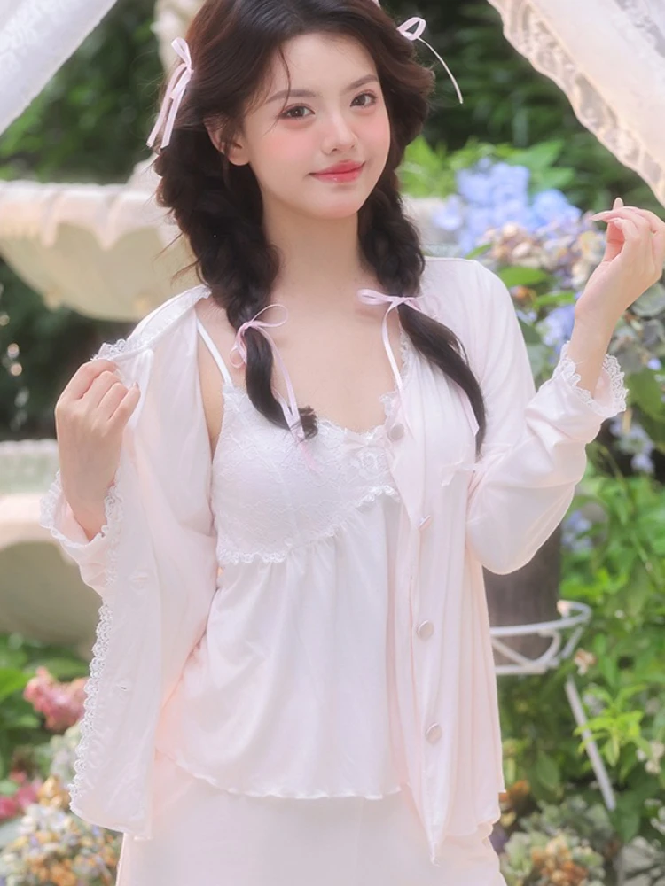 

Sexy Lace Ice Silk 3pc Sleepwear Set Women Bathrobe Pajamas Home Clothes Nightwear Suit Casual Lingerie Nightshirts
