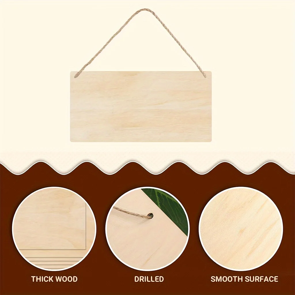 10PCS Country Style Rectangular Wood Plaques Rope Kids Crafts DIY Paint Wood Boards Bulk Farmhouse Wall Art for Wedding Decor