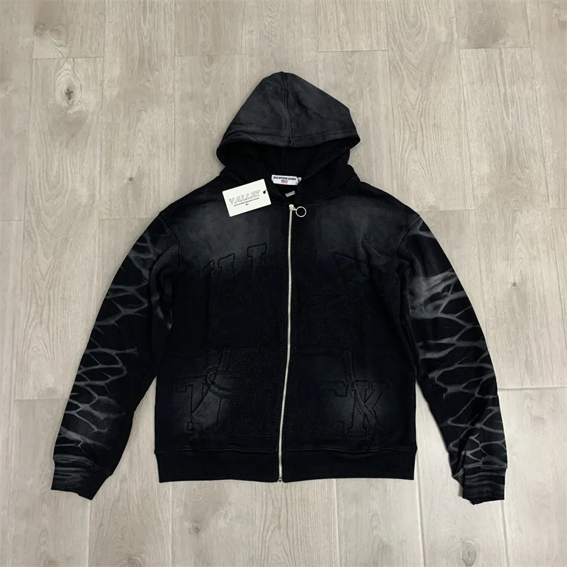 Embroidered Logo VALLEY Hooded Jackets Men Women Washed American Streetwear Pure Cotton Vale Oversized Hoodie