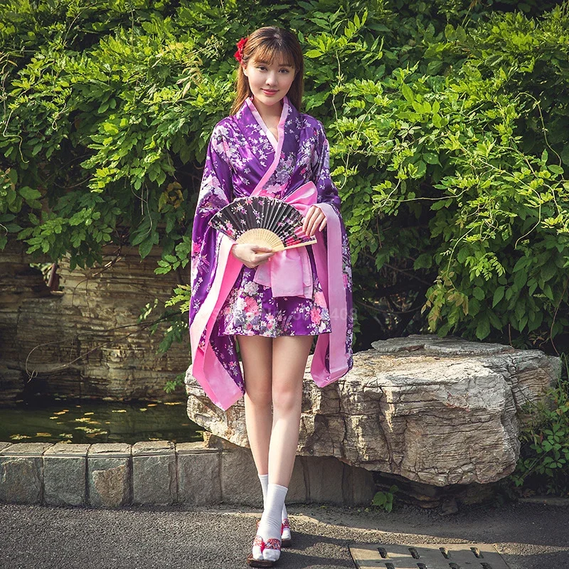 Kimono Dress Kwaii Girls Lolita Japanese Style Yukata Floral Print Bow-knot Sakura Girl Haori Fancy Sexy Anime Cosplay Costume R