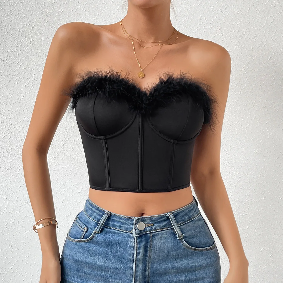 Sleeveless Bustier Crop Tube Tops with Feather Summer Women Fashion Sexy Boned Slim Corset Camisole Streetwear Lingerie Tank Top