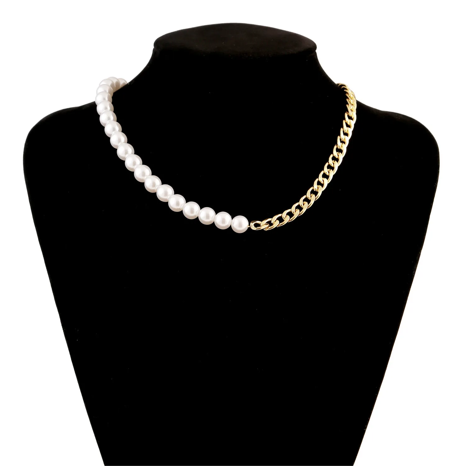 Half Pearl Cuban Chain Necklace Bracelet Set for Women Stainless steel Jewelry Gift