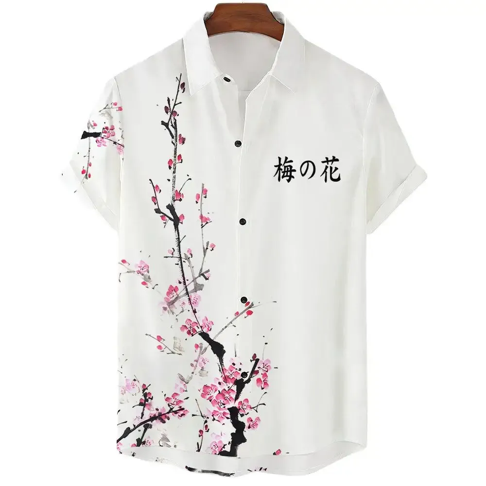 Pure White Tops Cherry Blossom Print Men\'s Short-sleeved Shirts For Vacation Daily Wear Men\'s Short-sleeved Shirts Oversized Top