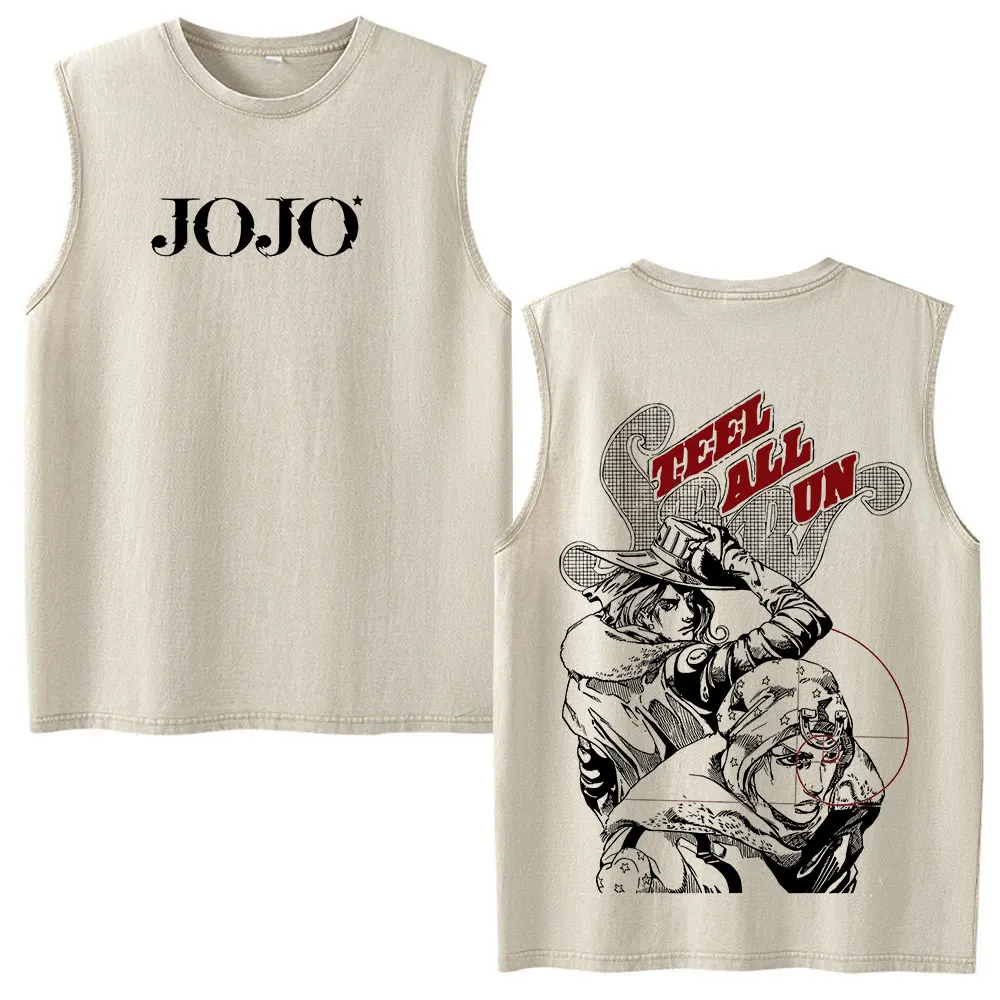 Anime JoJo Bizarre Adventure STEEL BALL RUN Gyro Zeppeli Johnny Joestar Vintage Washed Tank Tops Men's Sleeveless Vest T-shirts