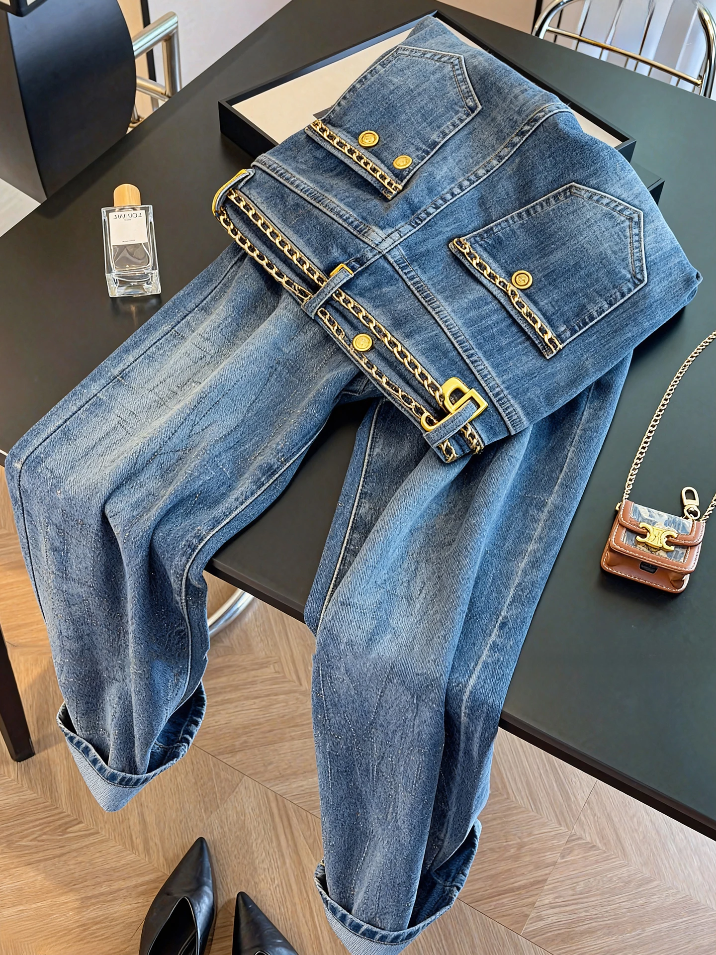 

Трикотажные джинсы с высокой талией и цепочкой, повседневные прямые брюки для мужчин и женщин, весенне-осенние универсальные джинсы в американском стиле ретро