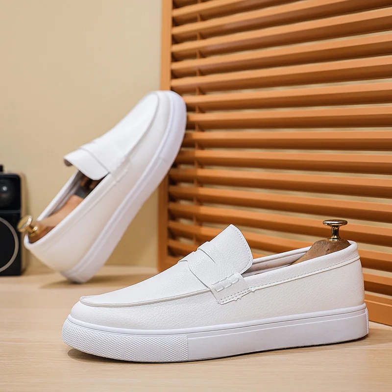 Casual Slip-On Men's Bean Oes Spring  New Sle Comfortable Leather Sneakers Breathable Round Toe Flat Heel PU Lined