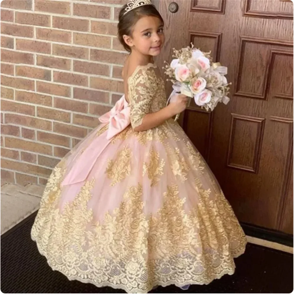 Pink Flower Girl Dresses Bow Long Tulle Gold Appliques Princess Wedding Birthday Party Dress Child Pageant Ball Gowns