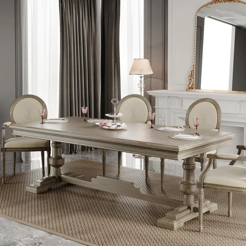 American country solid wood dining table, French weathered white retro dining table