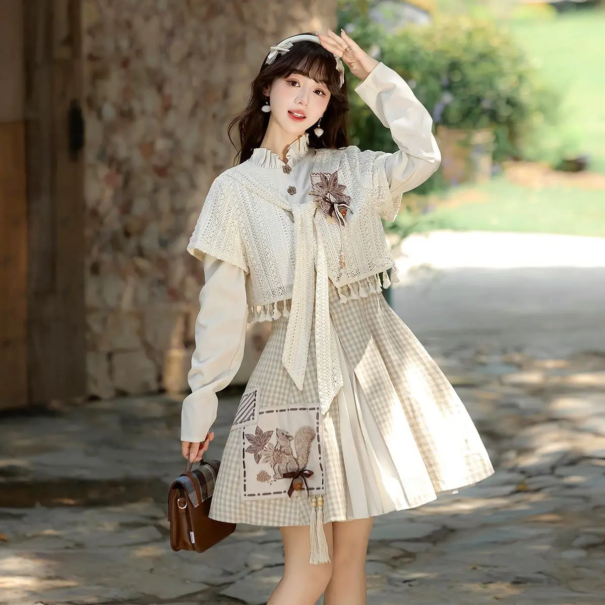 

Japan Daily Knitted Short Jacket Stand Collar Long Sleeve Plaid Dress Set