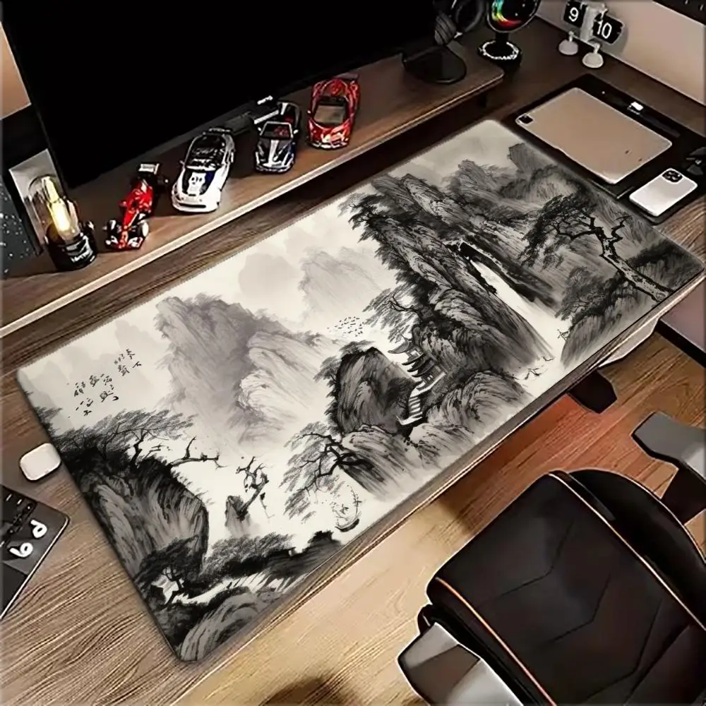 Large Gaming Mouse Pad Desk Mat Keyboard Pad Chinese Ink Wash Mountain Pine Pavilion Vintage Oriental Landscape Print Mousepads