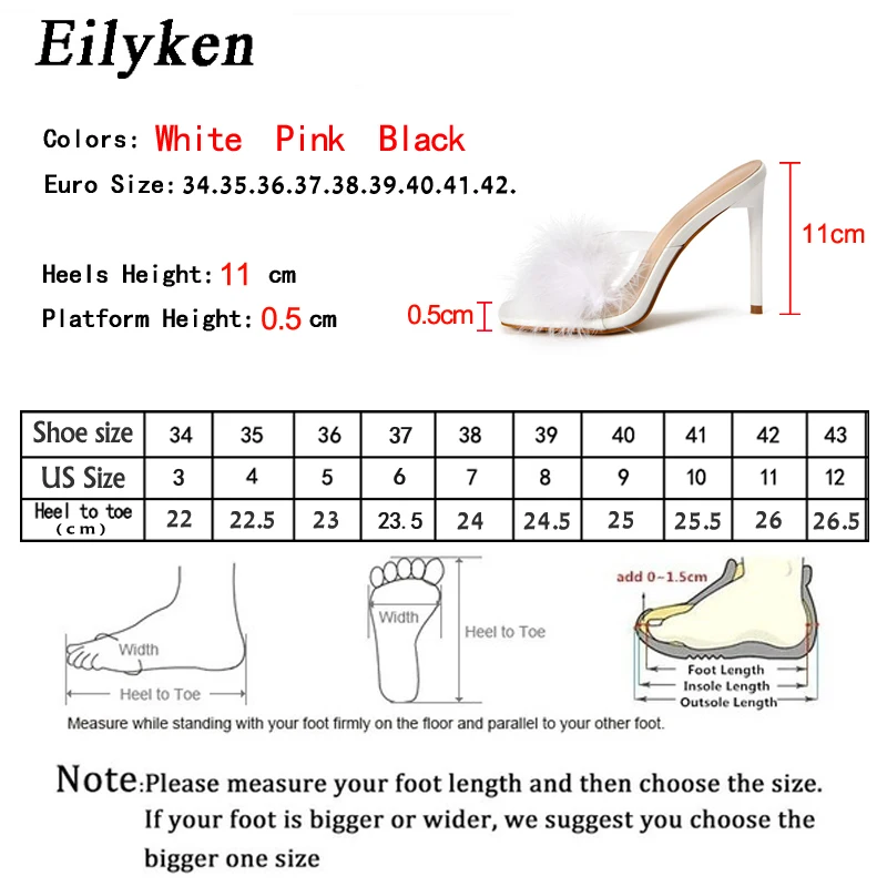 Eilyken PVC Transparent Furry Fur Woman Slippers Fashion Square Toe Stiletto High Heels Sandals 2024 Summer Party Shoes