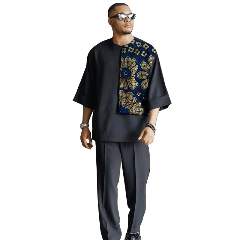

African Couture Black Men's Set Patchwork Tops With Solid Trousers Nigerian Fashion Short Sleeve Loose Fit Shirt Groom Suit