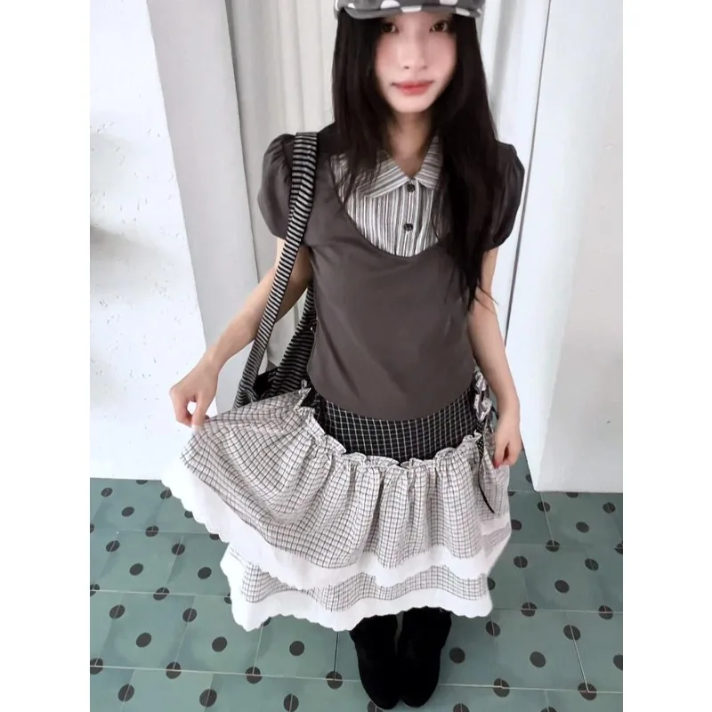 American Retro Daily Mixed Wear College Style Short Sleeved Top Casual Waist Cinched Pleated Half Skirts Autumn Y2k Vintage 2pcs