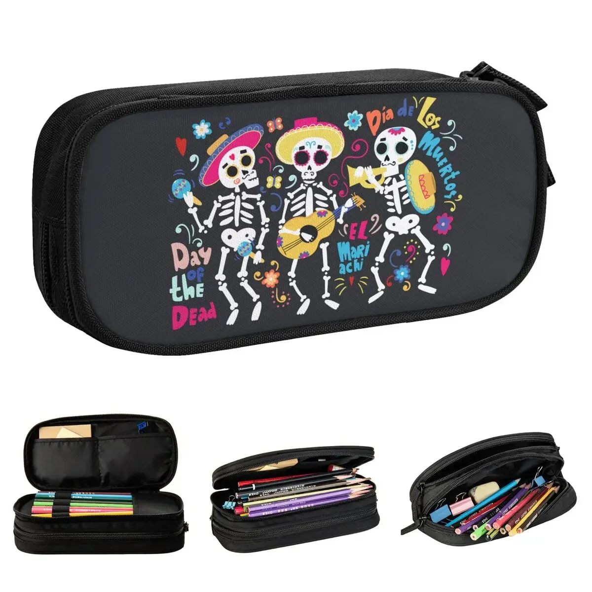 Sugar Skull Pencil Cases Cute Mariachi Skeletons Halloween Pen Holder Bags Girl Boy Big Students School Cosmetic Pencilcases