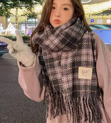 وشاح نسائي منقوش باللون الرمادي الداكن، على الطراز الكوري لخريف وشتاء سميك ودافئ، ملابس برقبة متعددة الاستخدامات في الغلاف الجوي #5