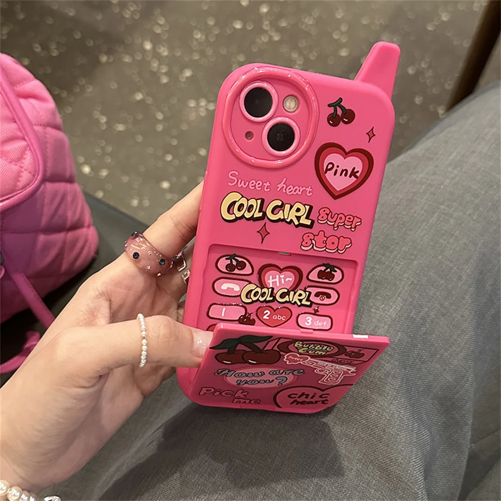 Ins Korean Retro Y2k Cherry Heart 3D Pink Make Up Mirror Case For iPhone 16 15 14 13 12 11 Pro Max Plain Shockproof Soft Cover