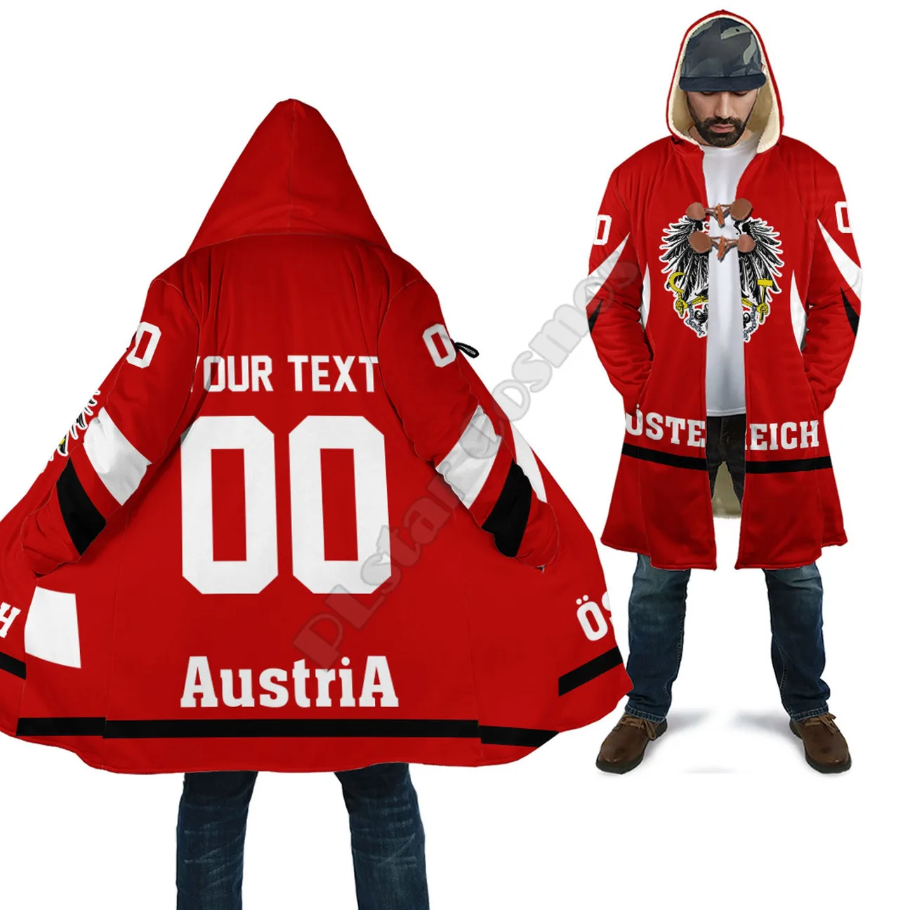 

Custom Name Austria Hockey Jersey Style 3D Print Winter Men/Women Hooded Cloaks Fleece Wind Breaker Unisex Casual Warm Overcoat