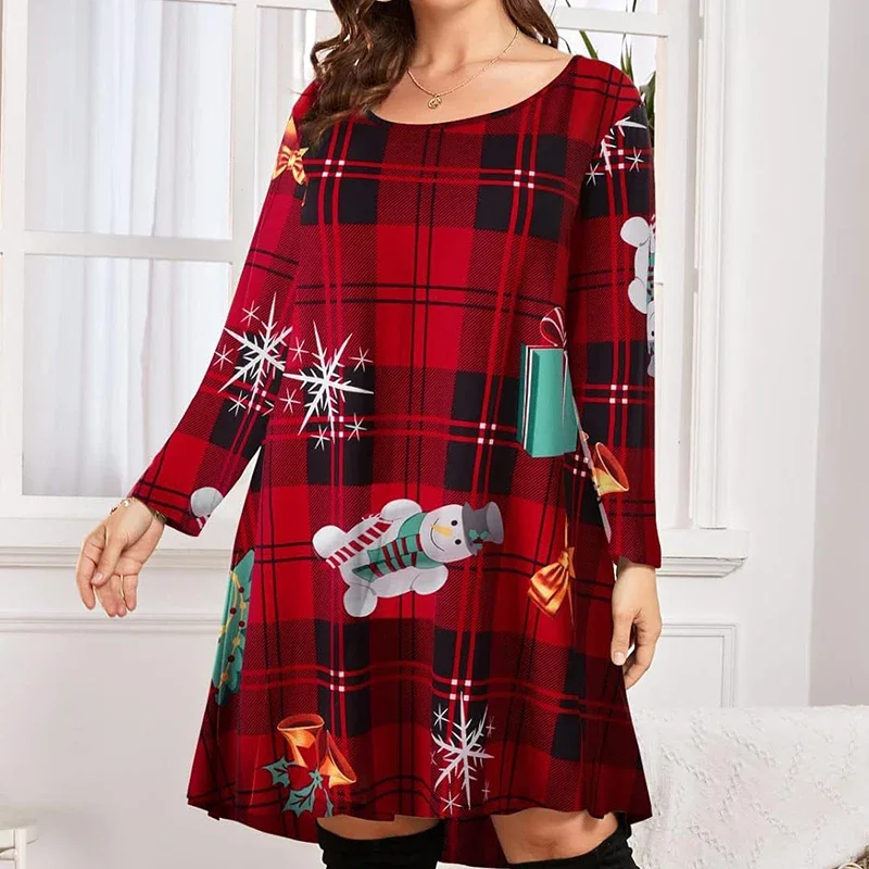 

Повседневные рождественские платья больших размеров для женщин, клетчатое рождественское свободное платье трапециевидной формы с длинными рукавами и 3D принтом, осенне-зимние платья
