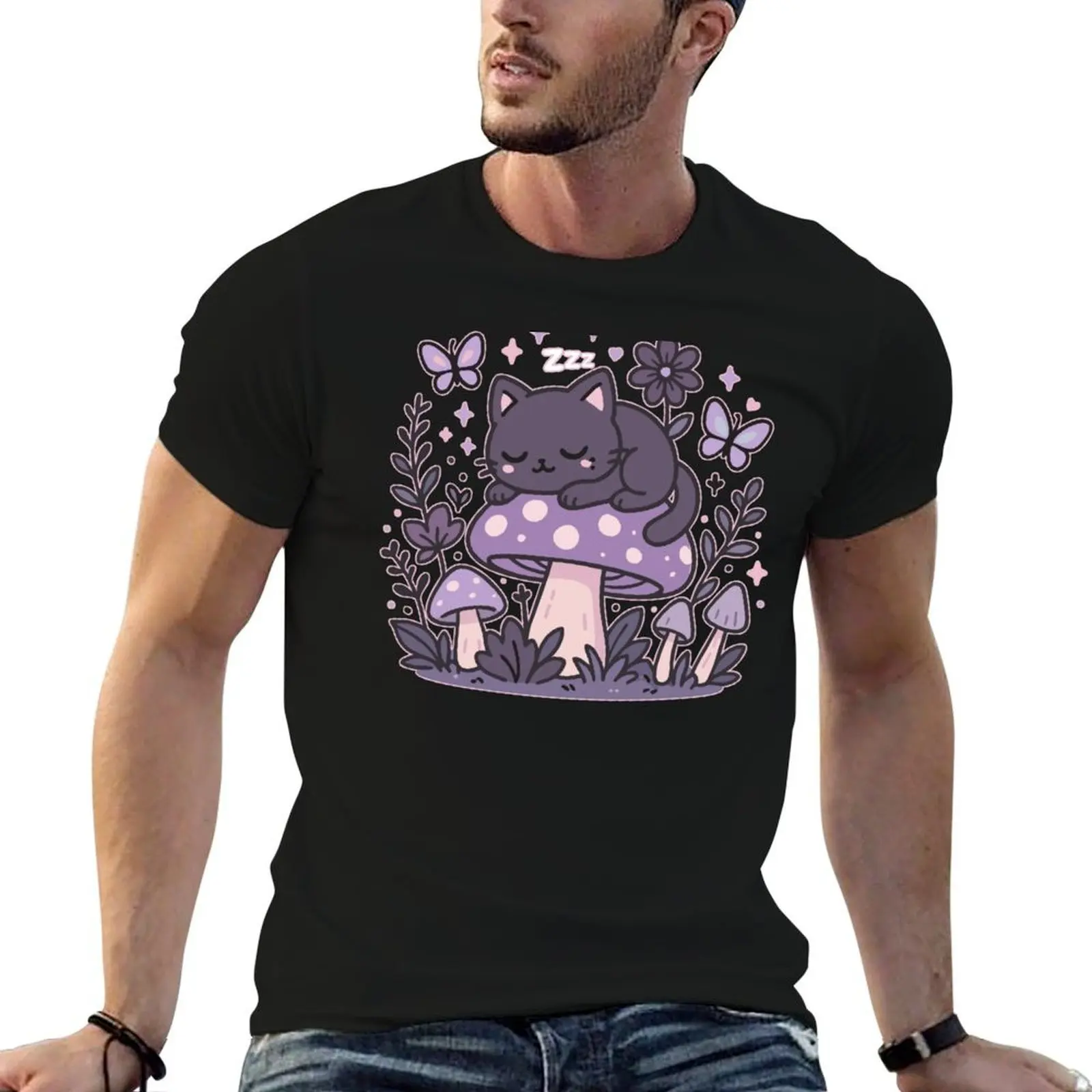 

Kawaii Sleeping Cat in Mushroom Garden T-Shirt man tshirt men t shirt cotton 100% T-Shirt