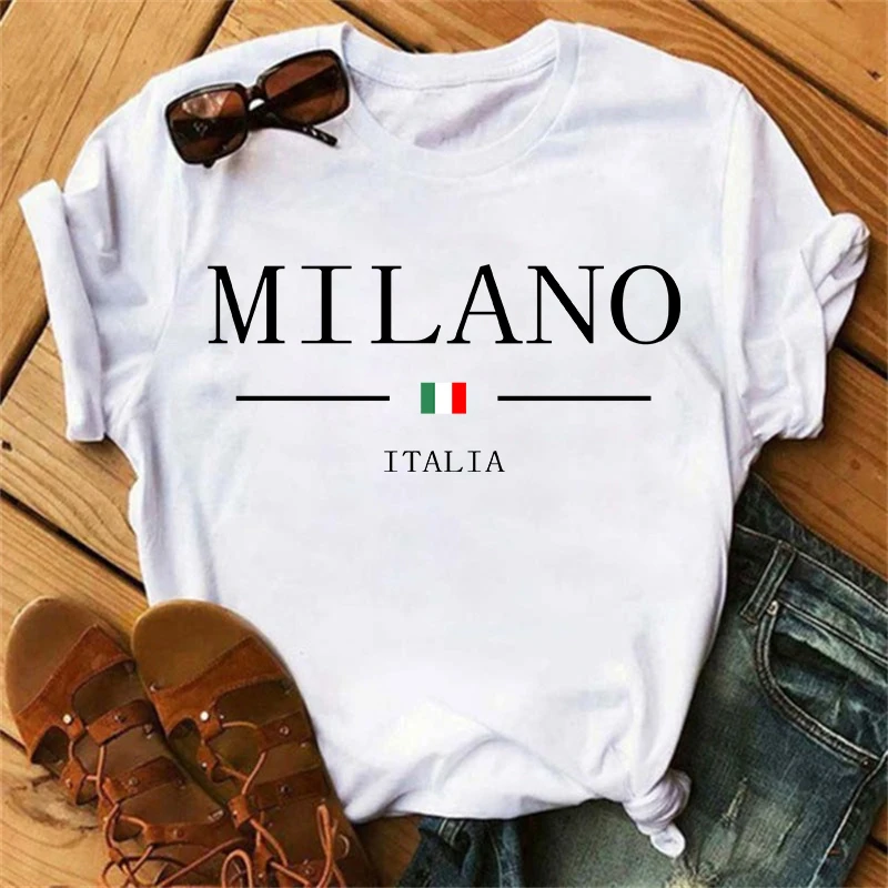 2023 Brand Women's Summer Milano Letters Print Y2k T-shirt Ladies Short Sleeved Luxury Tees Clothing Loose Pure Cotton Soft Tops