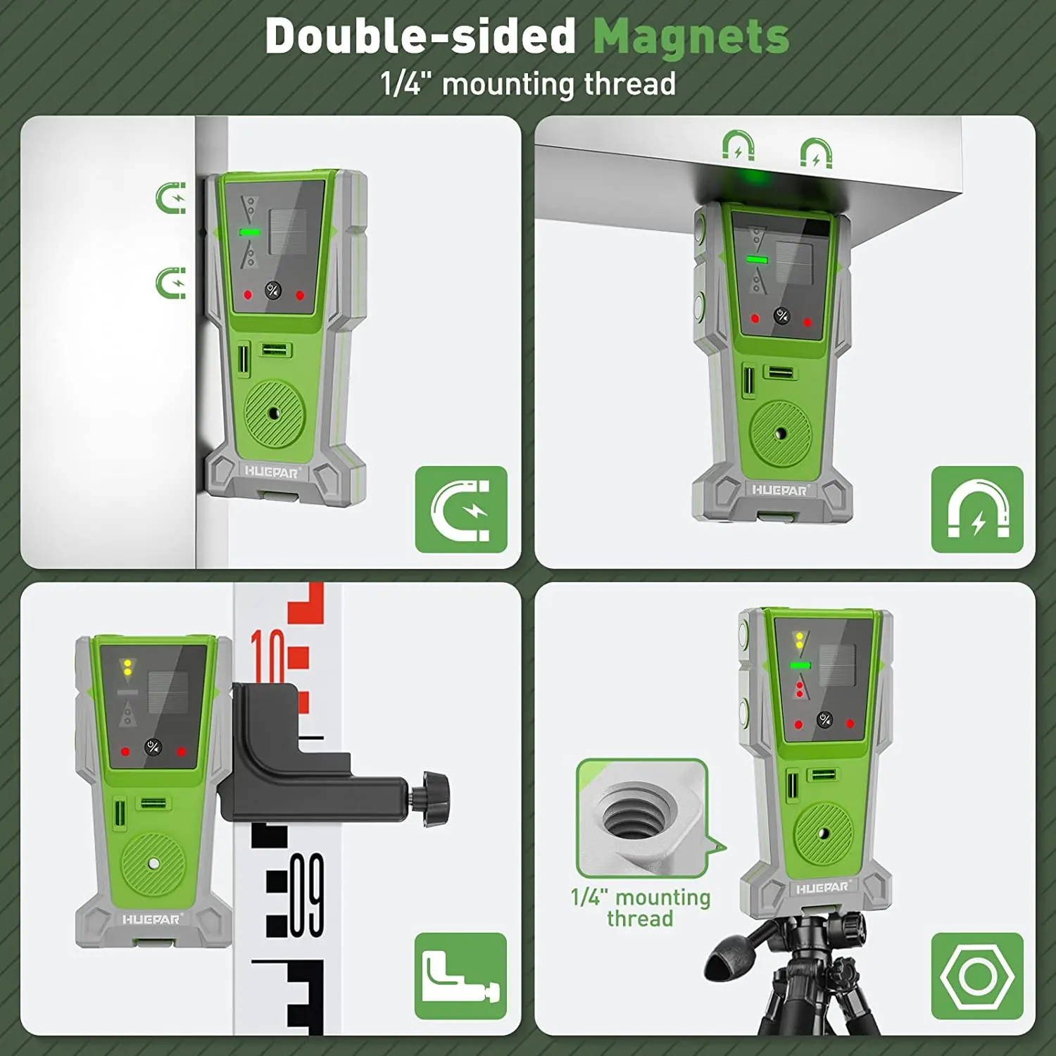 Huepar Laser Detector for Laser Level  for Green and Red Beam With LED Displays Magnet Double Lamp &90 dB Buzzer