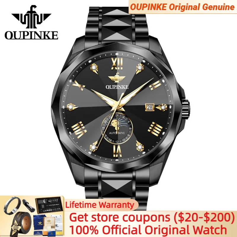 

OUPINKE 3312 Мужские часы с фазой Луны Водонепроницаемые римские бриллиантовые циферблаты Черный вольфрамовый стальной ремешок Механические часы Мужские часы