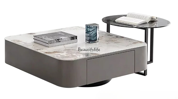 

Italian light luxury minimalist rock slab coffee table modern tea glass tea table size round coffee table combination