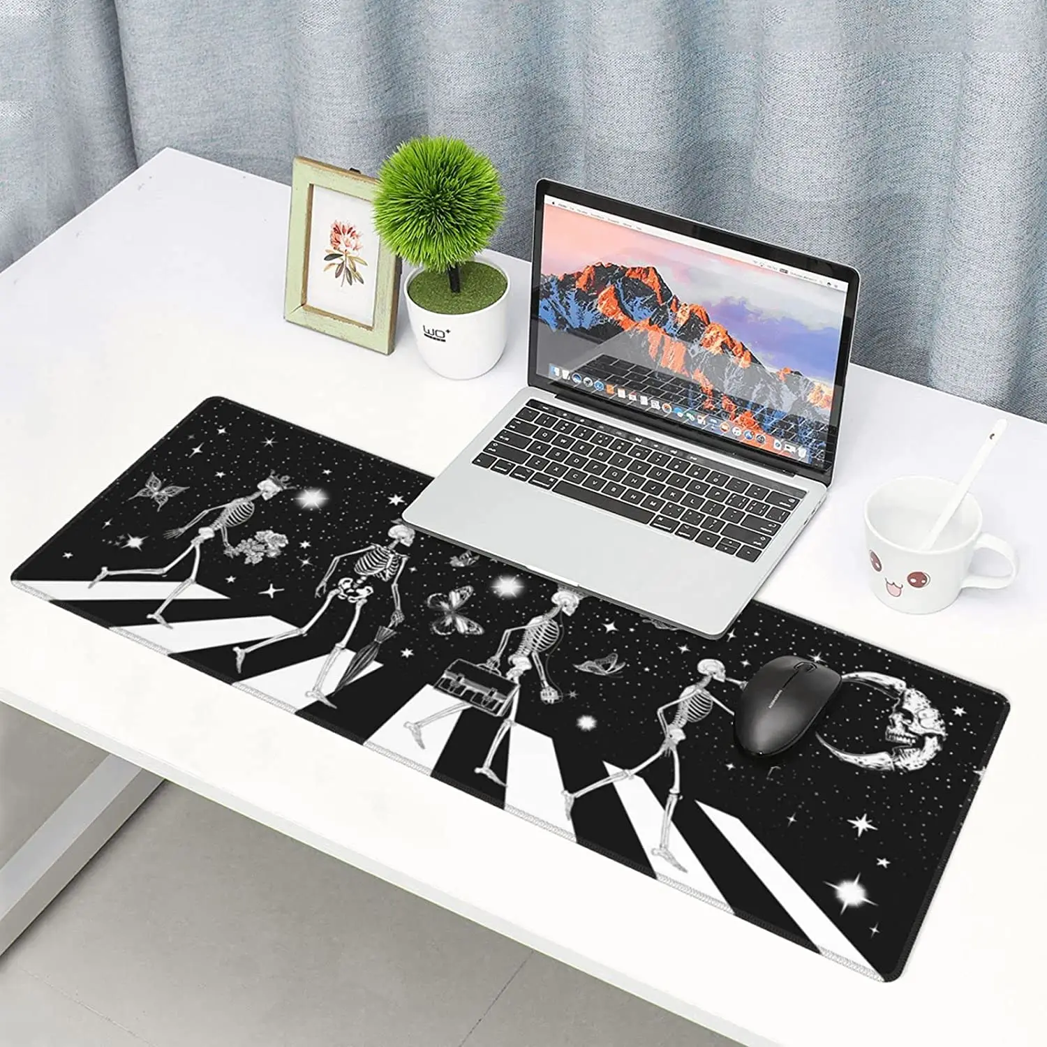 Black and White Skeleton Goth Mouse Pad Extended Large Gaming Mouse Pad XL Oversized Desk Pad Stitched Edges 31.5 X 11.8 Inch