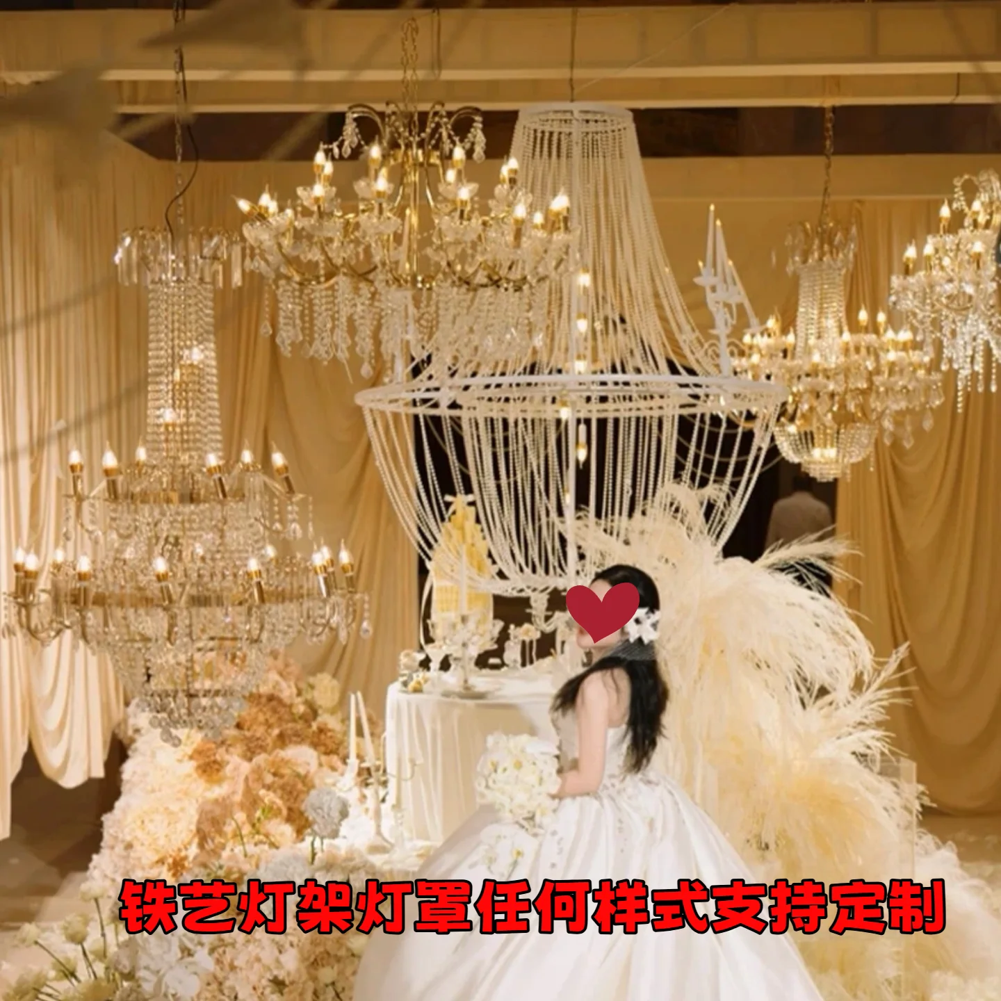 Wedding Korean style wrought iron pearl crystal light stand shape multi-layer ring petal background chandelier