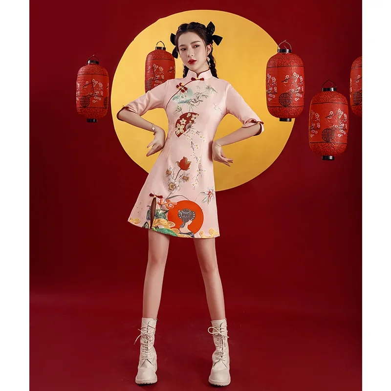 

Guochao cheongsam 2024 new summer young girl improved pink Chinese style small man fried Street short style