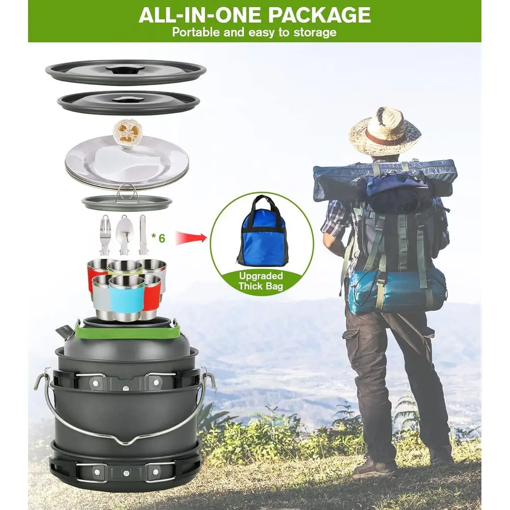 مجموعة أواني طهي للتخييم مكونة من 37 قطعة لـ 6 قطع، وعاء معلق كبير، طقم نزهة خارجي مع أواني #5