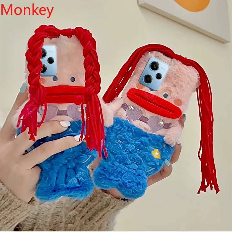 3D Cute Plush Mermaid Girls Gift Phone Case For Xiaomi 13T Redmi Note 12S 13 12 Pro 13C A3 Mi 14 X6 M6 Winter Fluffy Hair Cover
