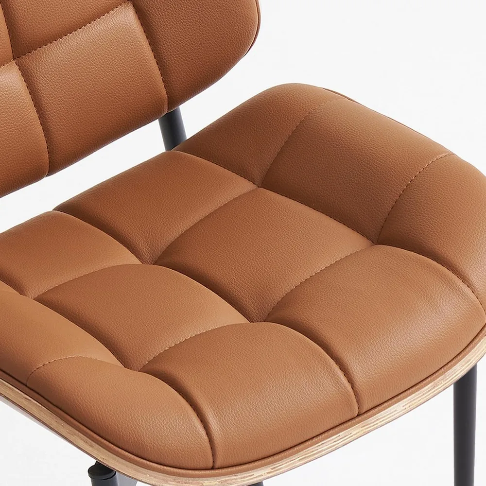 مجموعة من 4 كراسي لتناول الطعام الحديثة في منتصف القرن - مقاعد من الجلد الصناعي البني مع وسائد ناعمة مربعة وظهر من حبوب الجوز #5