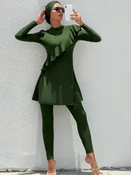 3pcs Muslim Burkini Femmes Swimsuit Wooden edge Olive Green Swimwear for Islamic Muslim with Hijab Diving Suit Surfwear