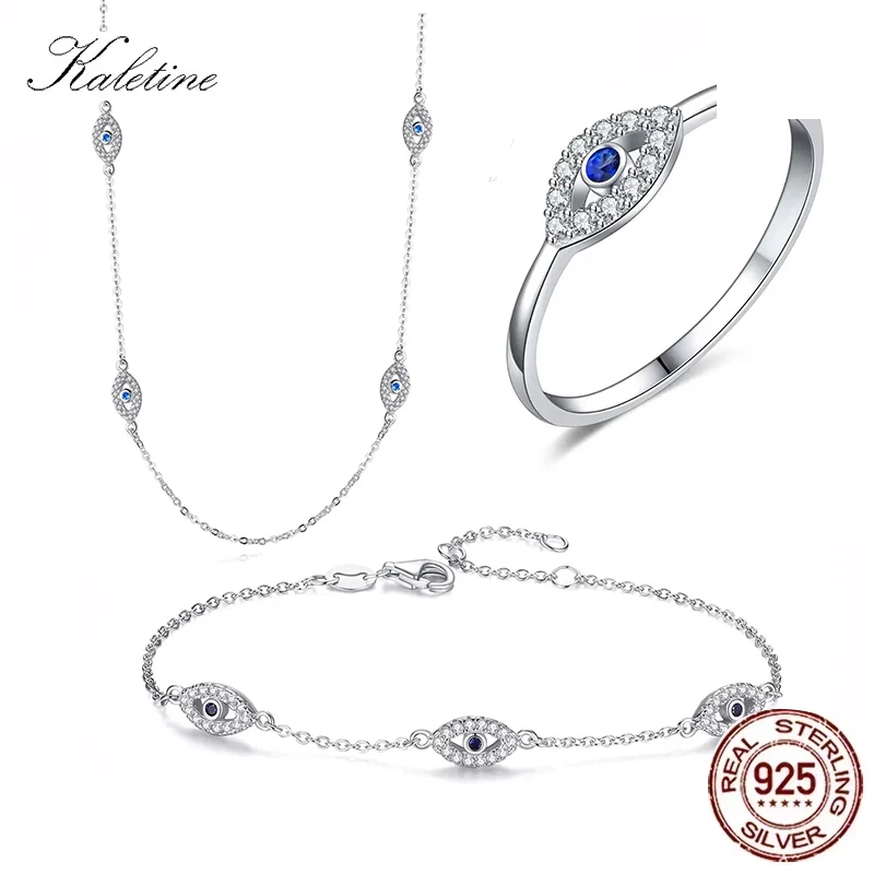 

KALETINE Evil Eye Necklace Ring Bracelet Set 925 Sterling Silver Turkey Jewelry Sets for Women Blue Pendant Wedding Gift