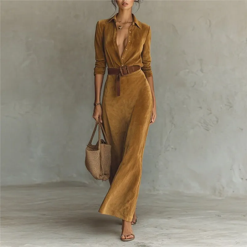 

Suede Dress Women Spring Summer Shirt Dresses Long Sleeve Belted Waist Maxi Dresses Elegant Office Work Outfit Clothes