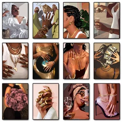 Fashion Make Up Black Girl African Woman Beautiful Jewelry Nails Poster Canvas Painting Wall Art Picture Girl‘s Room Home Decor