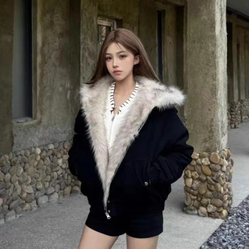 Sweat à capuche chaud d'hiver pour hommes et femmes, manteau rétro en peluche, vêtements de sport, nouveau Streetwear ample Y2k, veste en coton pour Couple, veste Punk à col en fourrure