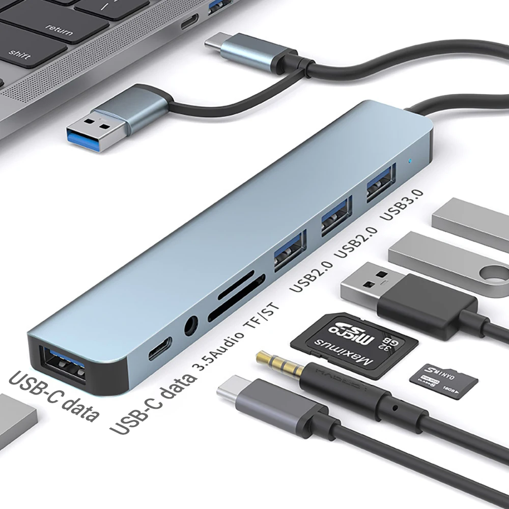 8in2 Type-C Hub USB 3.0 USB 2.0 Expander with SD/TF Card Reader 3.5mm Audio Jack for MacBook/PC/Laptop/Tablet Devices Splitter