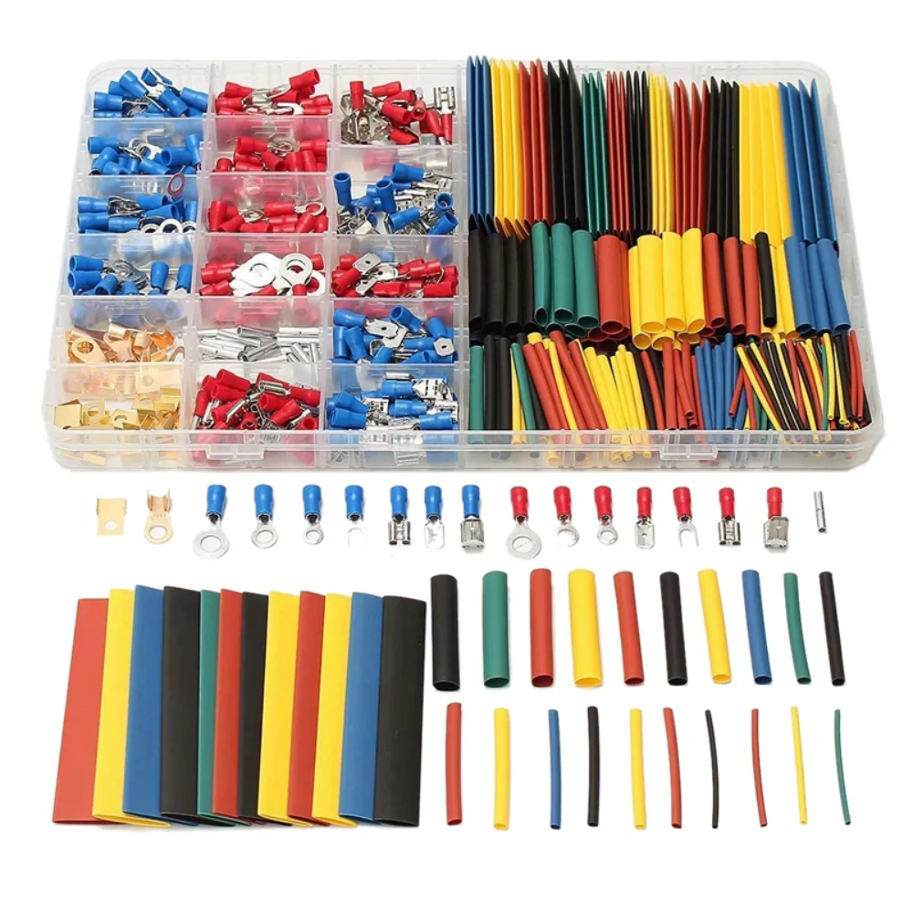 678PCS Heat Shrink Tube Sleeving Set Car Electrical Wire Terminals Insulated Ring Fork Set Ring Lugs Rolled Crimp with Pliers