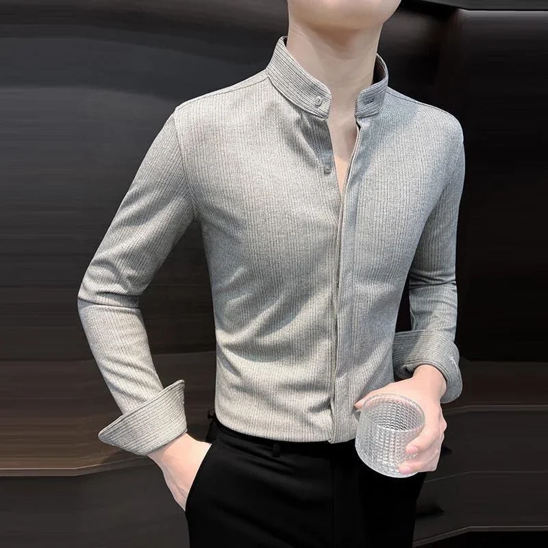 New Stand Collar Casual Fashion Woolen Shirt Male Long Sleeve Solid Color Buttons Business Bottomed Blouse Top Men XT927