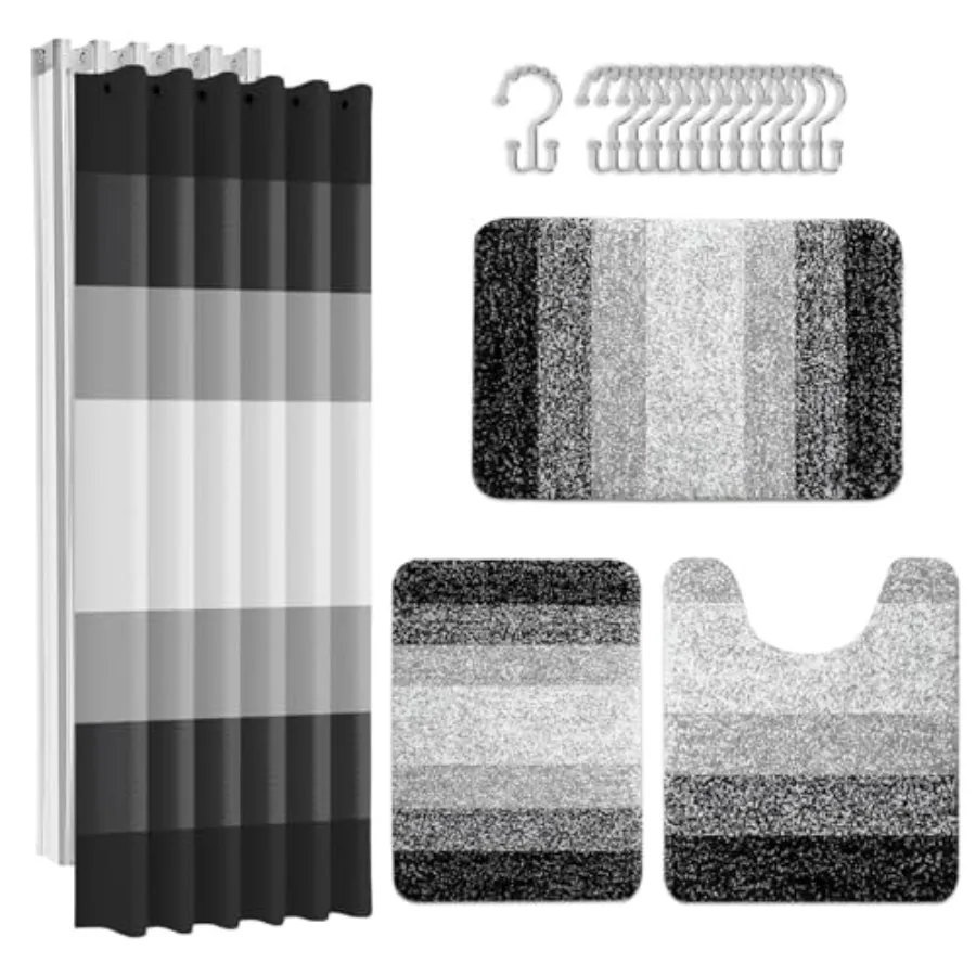 

Bathroom Sets with Shower Curtain and Rugs, Modern Minimalist Ombre Grey Waterproof Shower Curtain Liner and Soft Non Slip Bath