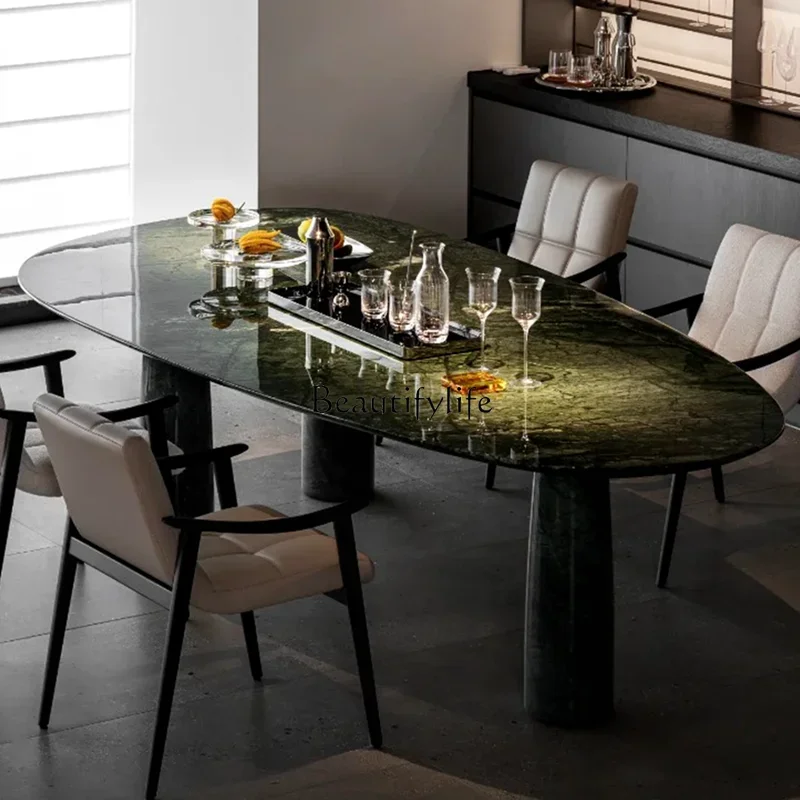 

LDNatural green oval dining table Modern simple Italian luxury stone round dining table