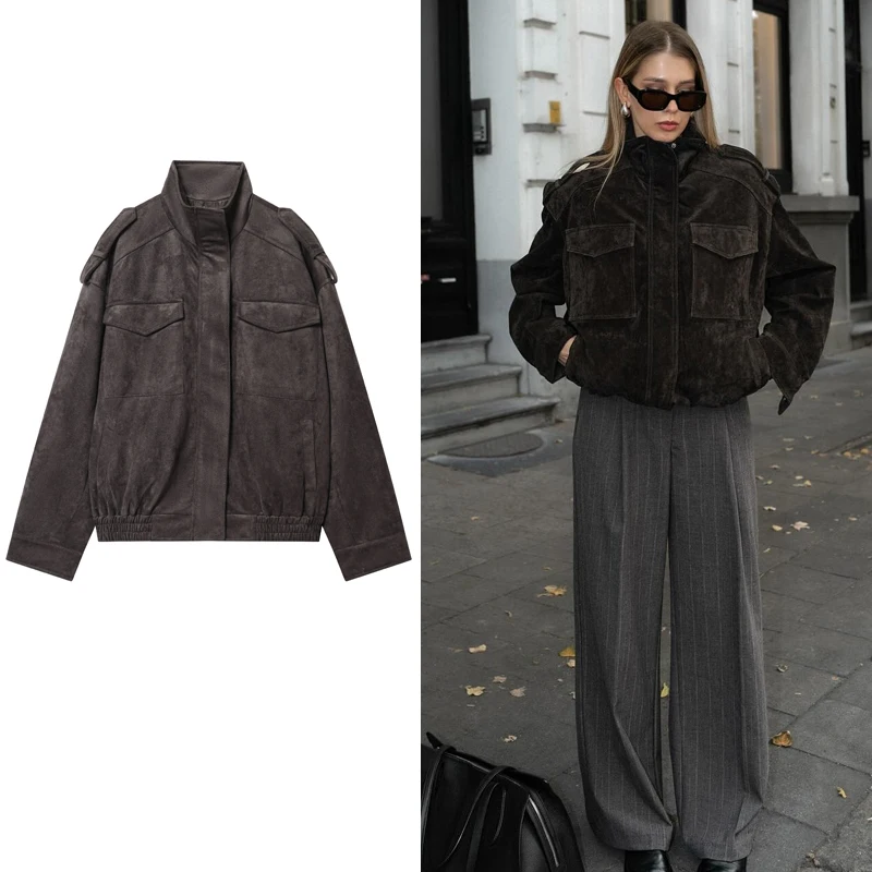 

Серая замшевая куртка из искусственной кожи, женская осенняя куртка-бомбер на молнии, повседневное пальто, топы с воротником-стойкой и длинными рукавами, модная верхняя одежда