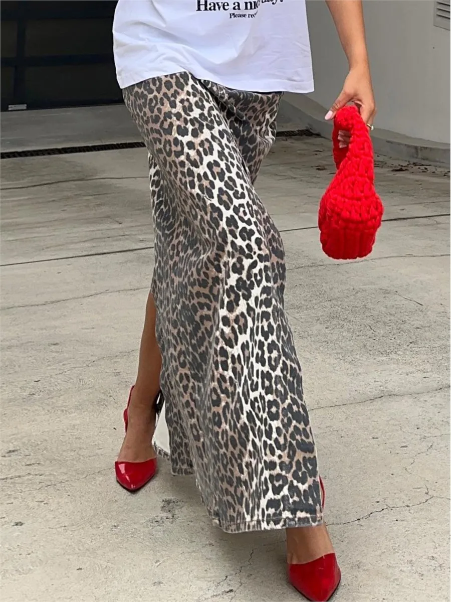 Leopard Print Split Denim Skirt Women 2024 New High Waist Pocket Straight Midi Skirts Streetwear Fashion Office Lady Long Faldas