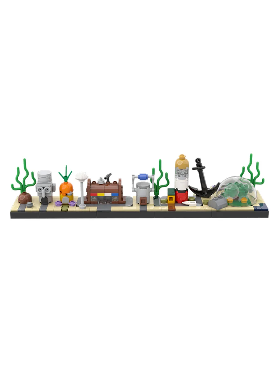 Underwater City Skyline MOC Building Blocks, Cartoon Sea Architecture with Pineapple House, Fun DIY for Collectors