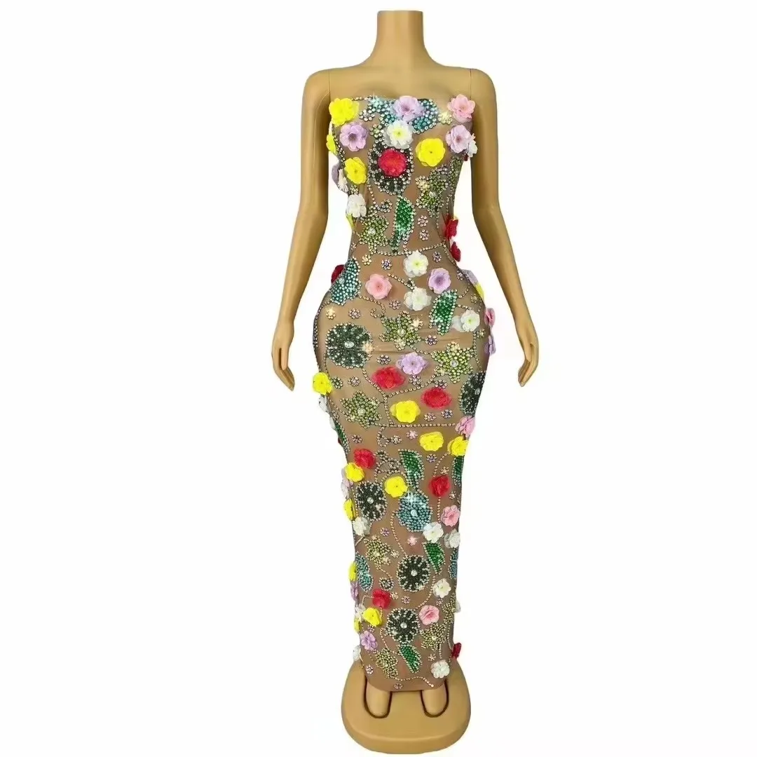 Singer Stage Catwalk Performance Costume Colorful Floral Rhinestones Strapless Dress Celebrity Birthday Prom Party Long Dresses