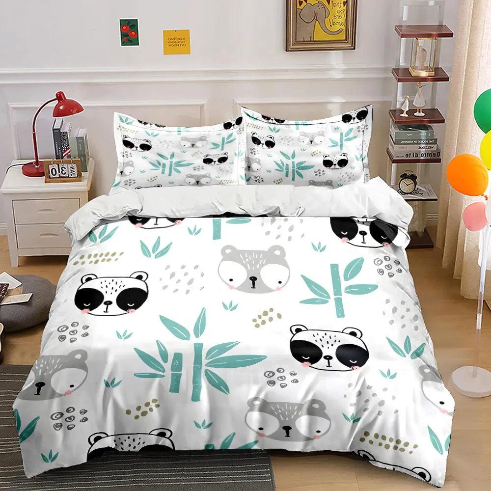Cartoon pandas with bamboo pattern Bedding Set for Kids Luxury Gift 3pcs Digital Print Comforter Set Soft Comfortable Breathable