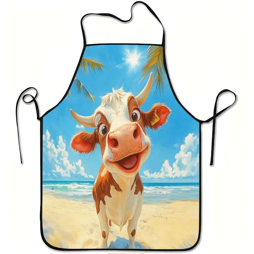 1pc Joyful Cow Beach Humorous Design Apron, Sturdy And Easy to Maintain, Adjustable Waist, Made of Polyester, Suitable for Cooki